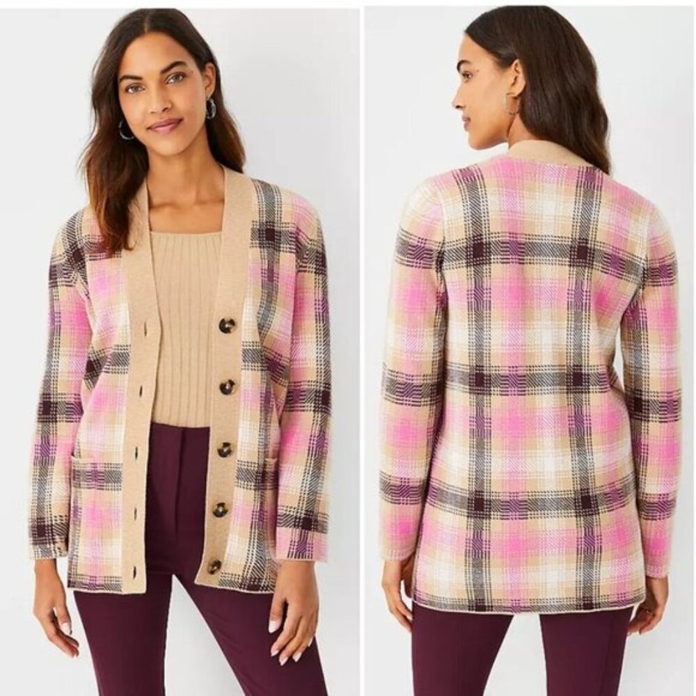 Ann Taylor Pink and Tan Plaid Cardigan